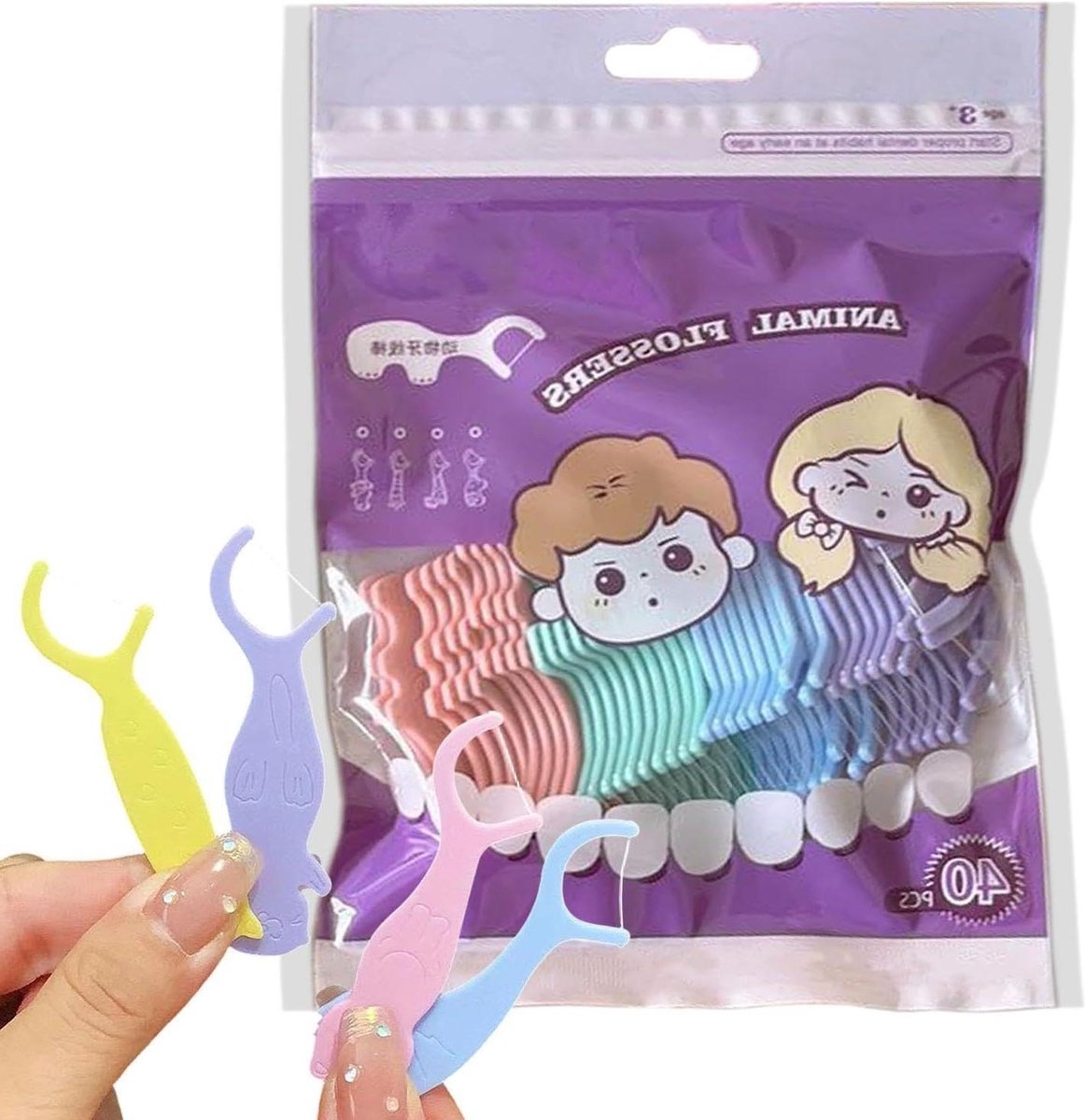 Floss Stokjes - Tandragers Kinderen - Dagelijkse Mondhygiëne - Diervriendelijk Ontwerp - 40 Stuks - Multicolor
