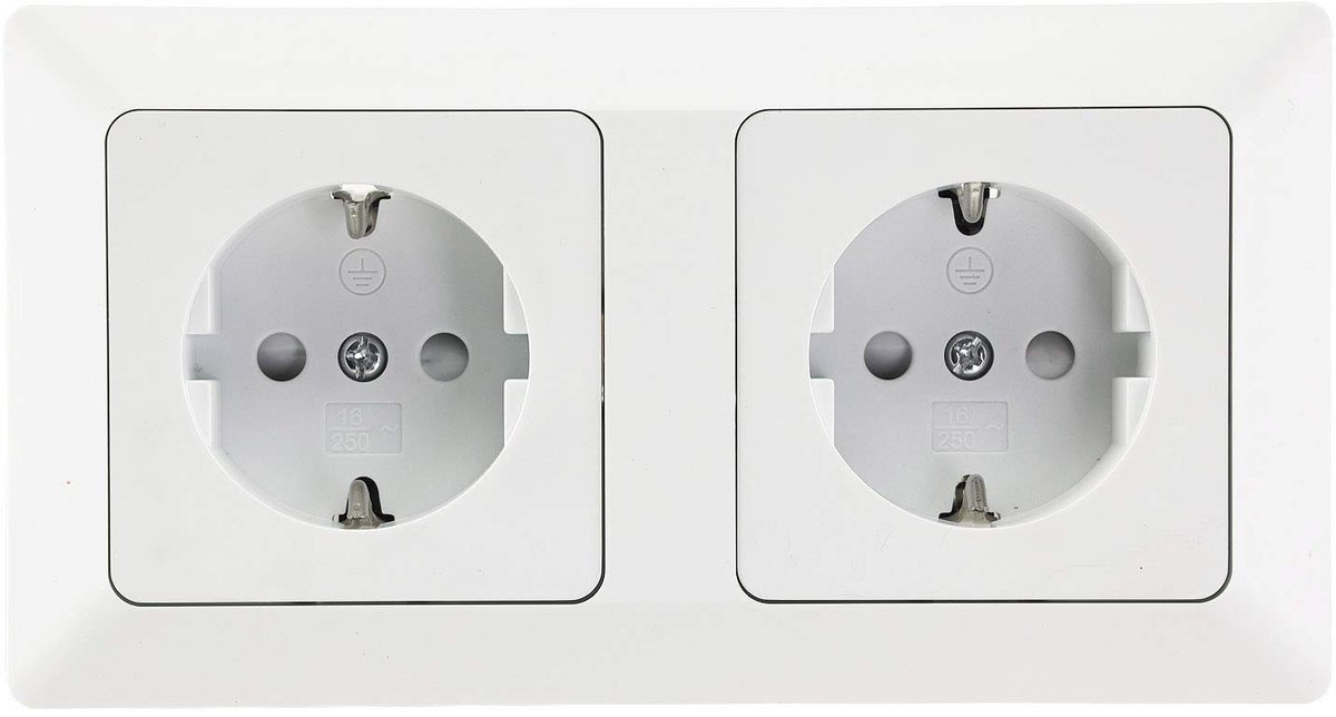Stopcontact, inbouw, 2-voudig frame, dubbel stopcontact, 250 V, met verhoogde aanraakbeveiliging, klem-aansluiting, mat wit