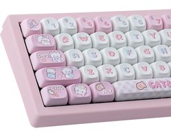 Leuke Custom Keycaps 141 Toetsen PBT Keycap Set, MOA Profiel keycaps Dye-Sub Roze Kat Eet Vis Keycaps voor Cherry MX Schakelaars ISO/ANSI UK Layout Mechanische Gaming Toetsenbord
