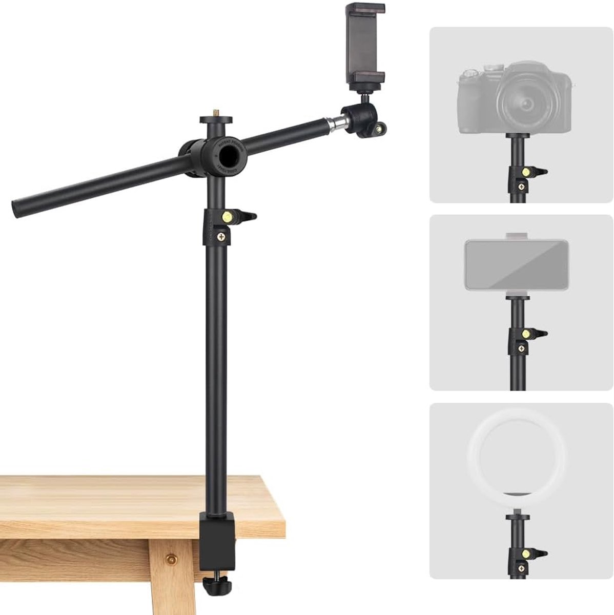 Tafelstatief Overhead Statief Mobiele Telefoon | 32,5-55cm Verstelbare Cameramontage voor Actiecamera, Klemstatief met Flexibele Arm & 1/4" Kogelkop voor Webcam, Ringlicht