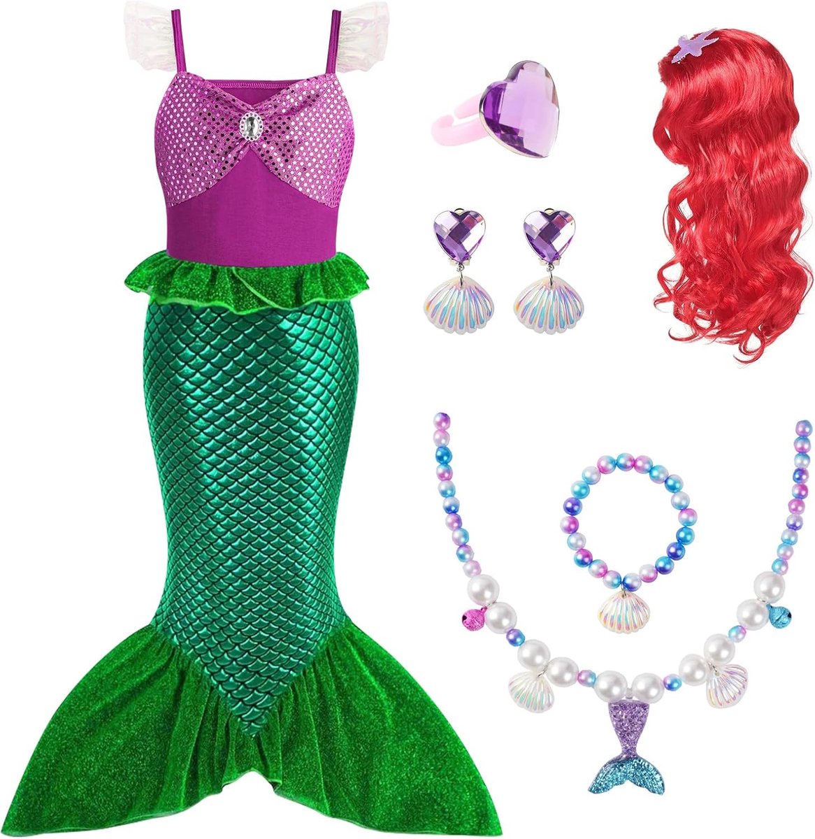 Zeemeerminkostuum voor Kinderen, Prinses Zeemeerminjurkset met Accessoires, Kleine Zeemeermin Prinsessenkostuums Verkleedkleding voor 3-9 Jaar, Halloween, Cosplay, Carnaval