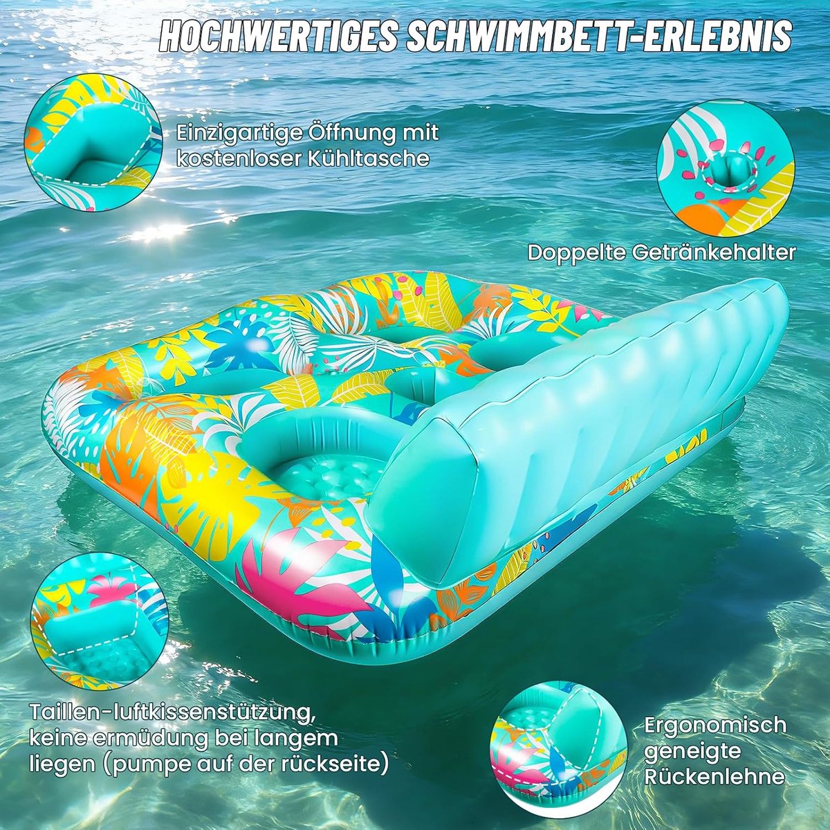 Luchtmatras zwembad, dubbele luxe luchtmatras, water volwassenen, groot solarium zonnebadmatras met kussen, bekerhouder, ijsemmer, koeltas voor water, party, strand, zomerplezier (groen)
