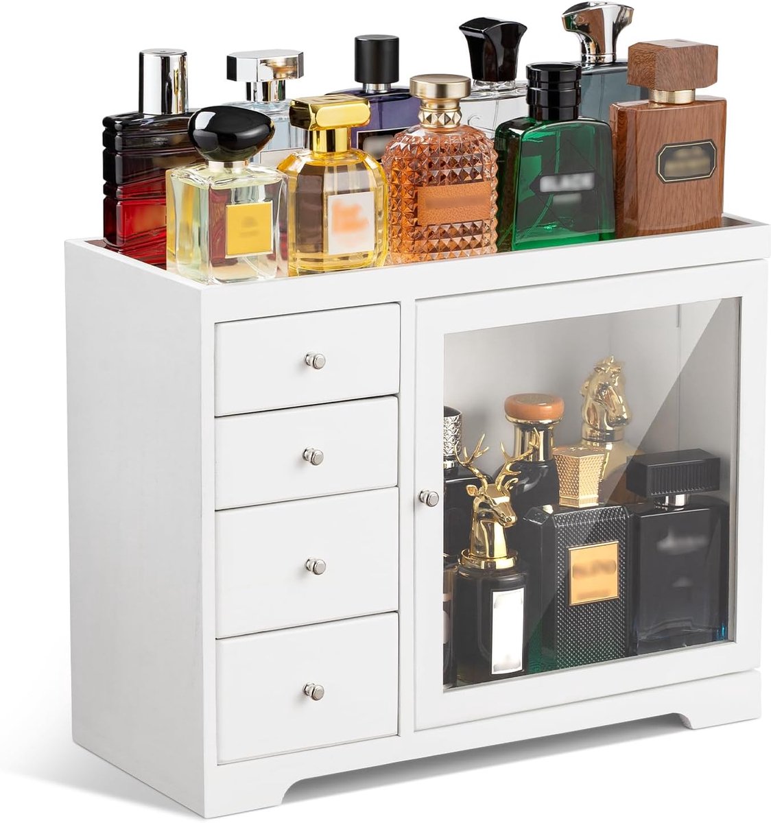 SnelShoppen - Houten Parfum Organizer voor Mannen met Lade en Transparante Deksel - Premium Opbergdoos voor Parfums, Cosmetica en Sieraden - Wit