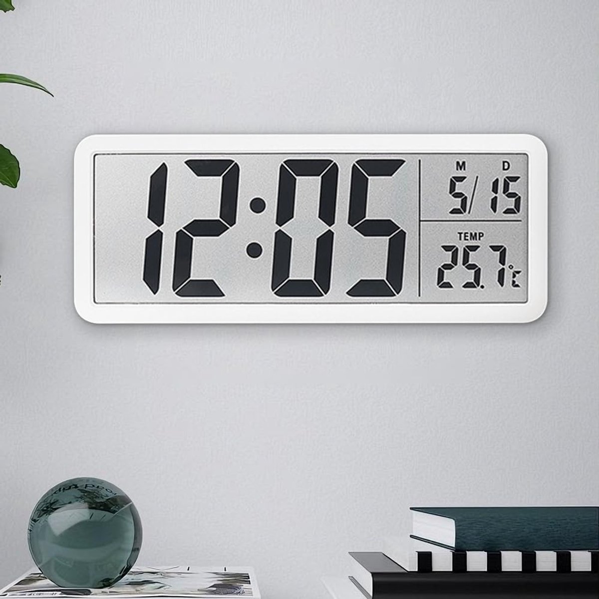 SnelShoppen - Digitale wandklok op batterijen 8 inch LCD-display met grote cijfers, temperatuurweergave, 12/24 uur, moderne wandklok voor woonkamer, s
