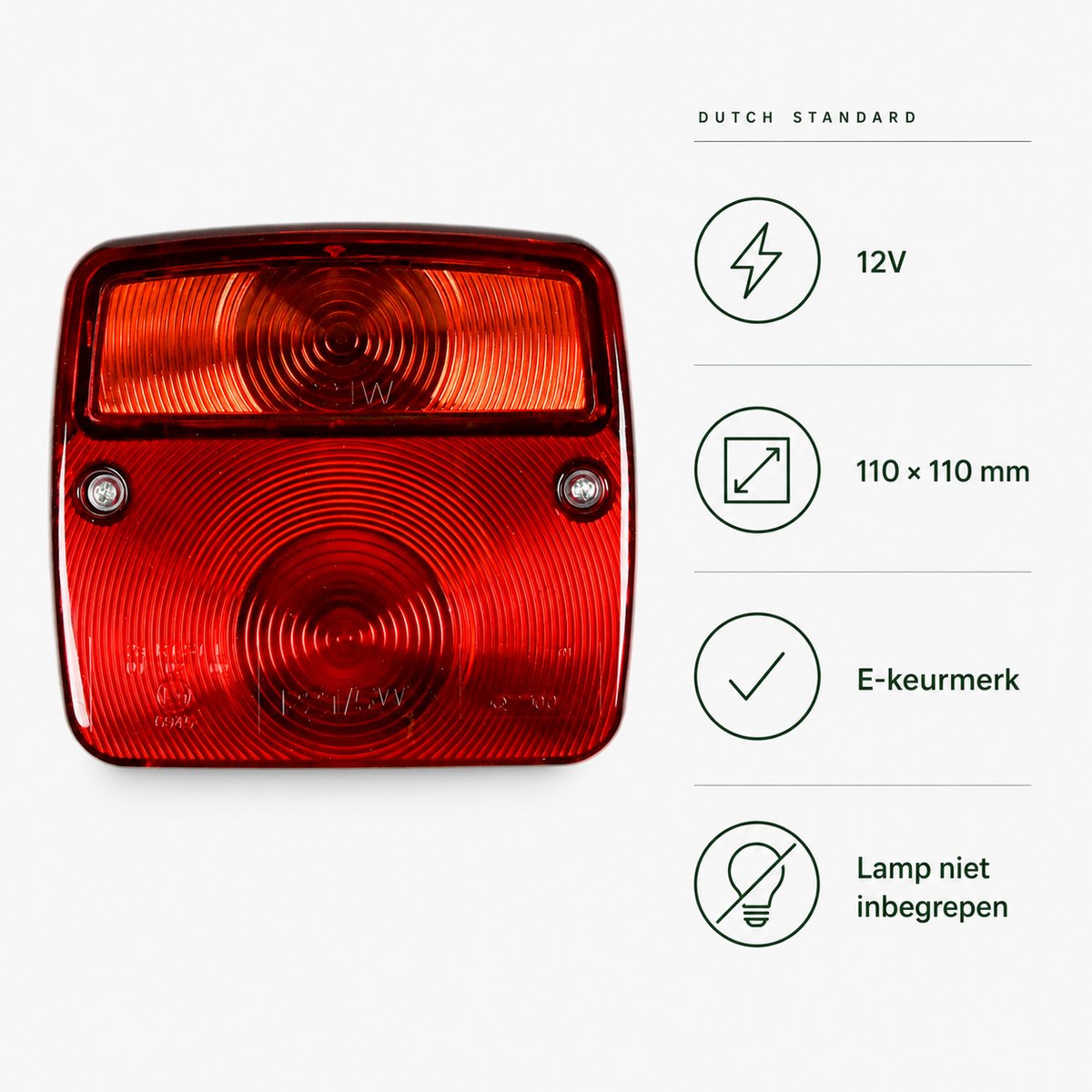 Dutch Standard Aanhangwagen Achterlicht - Vierkant - 12V - 110 x 110 mm - E-keurmerk