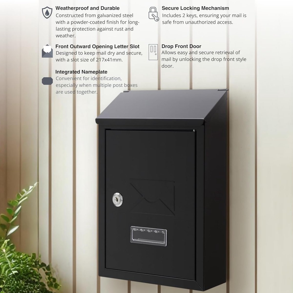 SnelShoppen - Wandgemonteerde Afsluitbare Brievenbus met 2 Sleutels - Weerbestendige Brievenbus - Eenvoudig te Installeren - 21 x 30 x 7 cm - Zwart