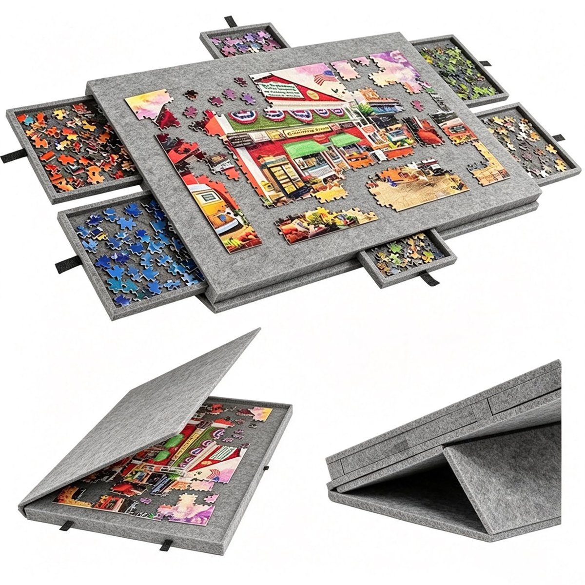 SnelShoppen - 2-in-1 Puzzelplank voor 1000 Stukjes met 6 Laden, Kantelbare en Inklapbare Puzzeltafel van Vilt met Afdekking, Standaard en Draagbare Pu