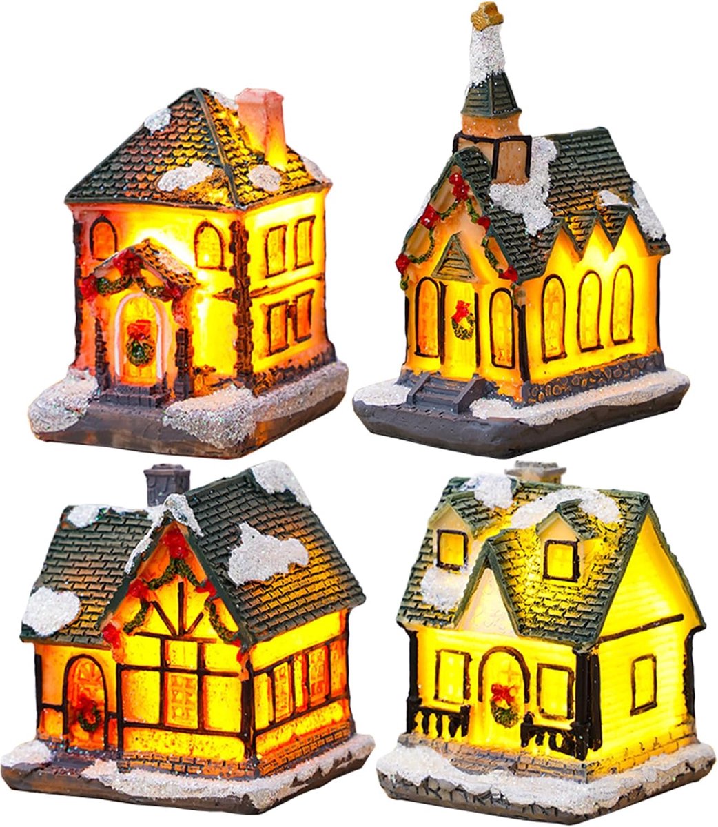 Kersthuisjes – Kersthuisjes met verlichting - Kersthuisjes – 4 Stuks Verlichte Kerstdorp Huisjes van Hars met LED Verlichting – Kerstdecoratie met Warm Licht
