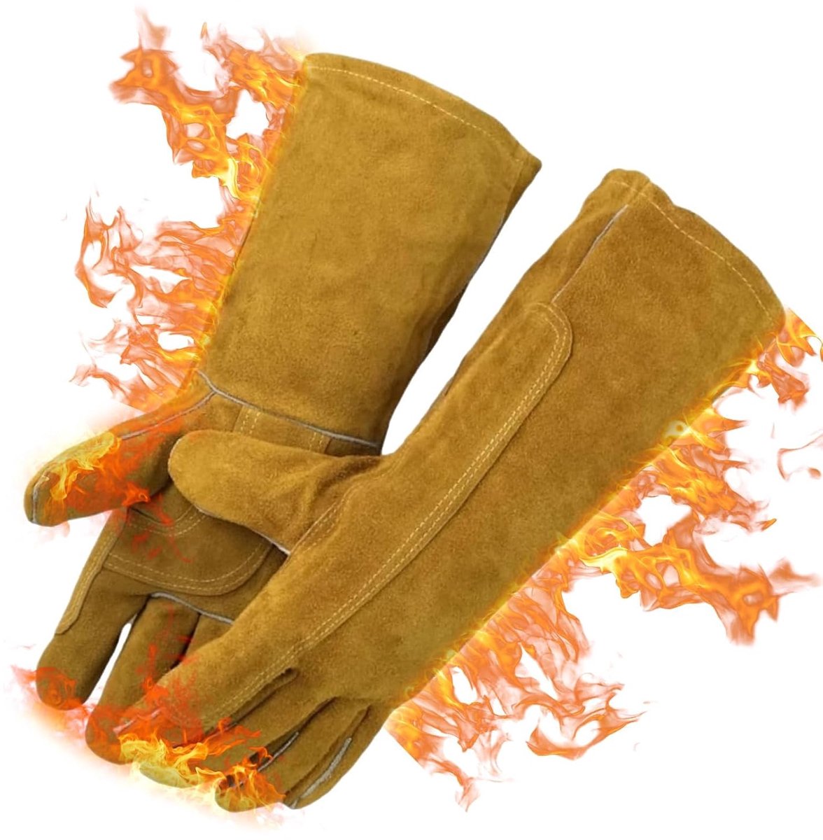 Lashandschoenen van rundleer, vuurvast tot 600 °C, barbecuehandschoenen, met onderarmbescherming, werkhandschoenen voor lassen, grillen en tuinieren, maat L, geel (36 cm)