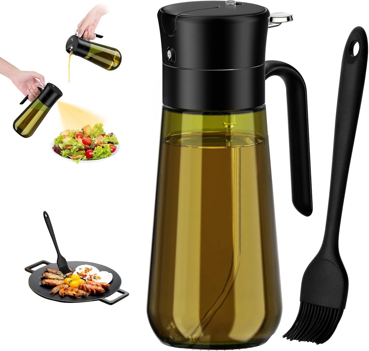 2-in-1 Olie Sprayfles Met Bastingborstel, 580 Ml Lichtbestendige Glazen Olijfolie Dispenser Voor Het Behouden Van Versheid, Ideaal Voor Salades, Bakken, Grillen En Airfryen