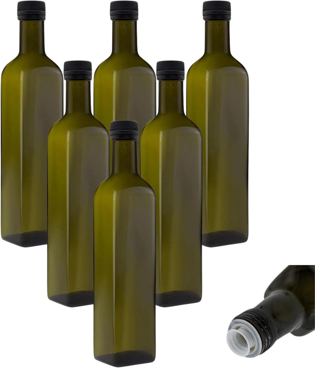 6 x oliefles 500 ml met schenktuit groen/bruine glazen flessen met doseerder en etiketten