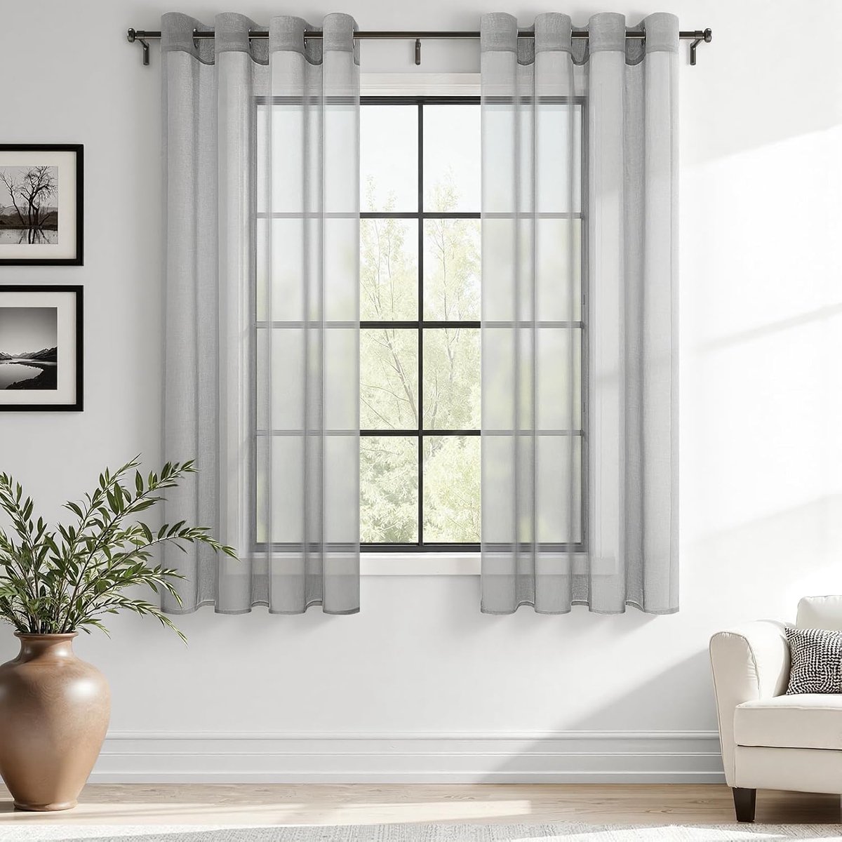 Transparant voilegordijn, 145 cm kort, 2 panelen, linnenlook, met zeilringen, voor slaapkamer, woonkamer, terrasdeur, 140 x 145 cm, grijs