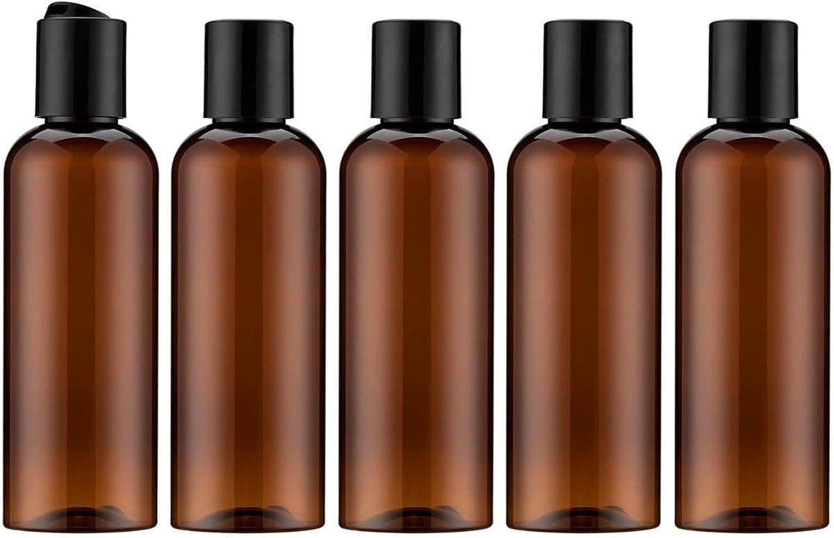 5 Stuks Reisflesjes 100 ml, Navulbare Lege Flesjes met Etiketten, Transparante Reisflessen voor Shampoo, Douchegel, Lotion, Toilettas, Handbagage, Sport en Camping Bruin