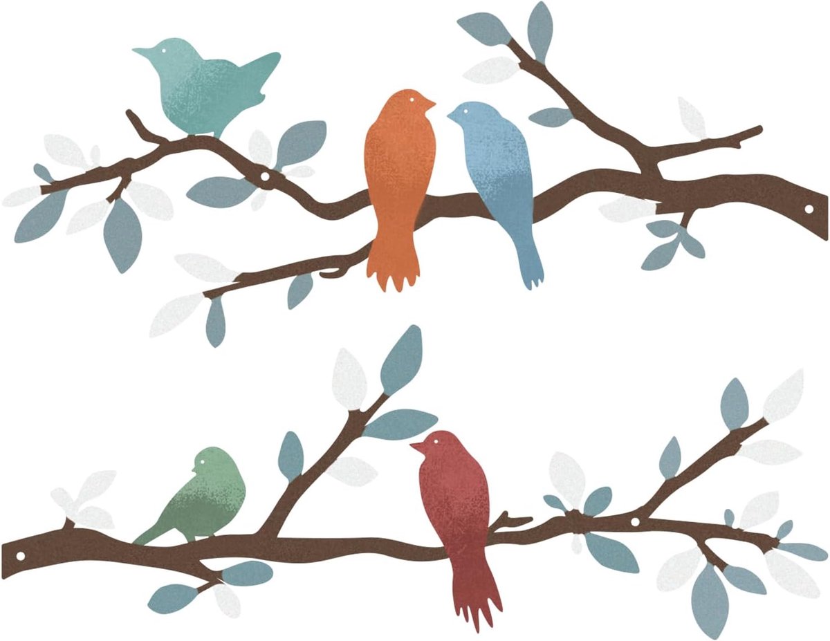 2 stuks metalen vogels muurkunst, metalen levendige vogels op tak silhouet wanddecoratie kleurrijke bladeren met vogel buiten hangende muursculptuur voor thuis balkon tuin binnen buiten