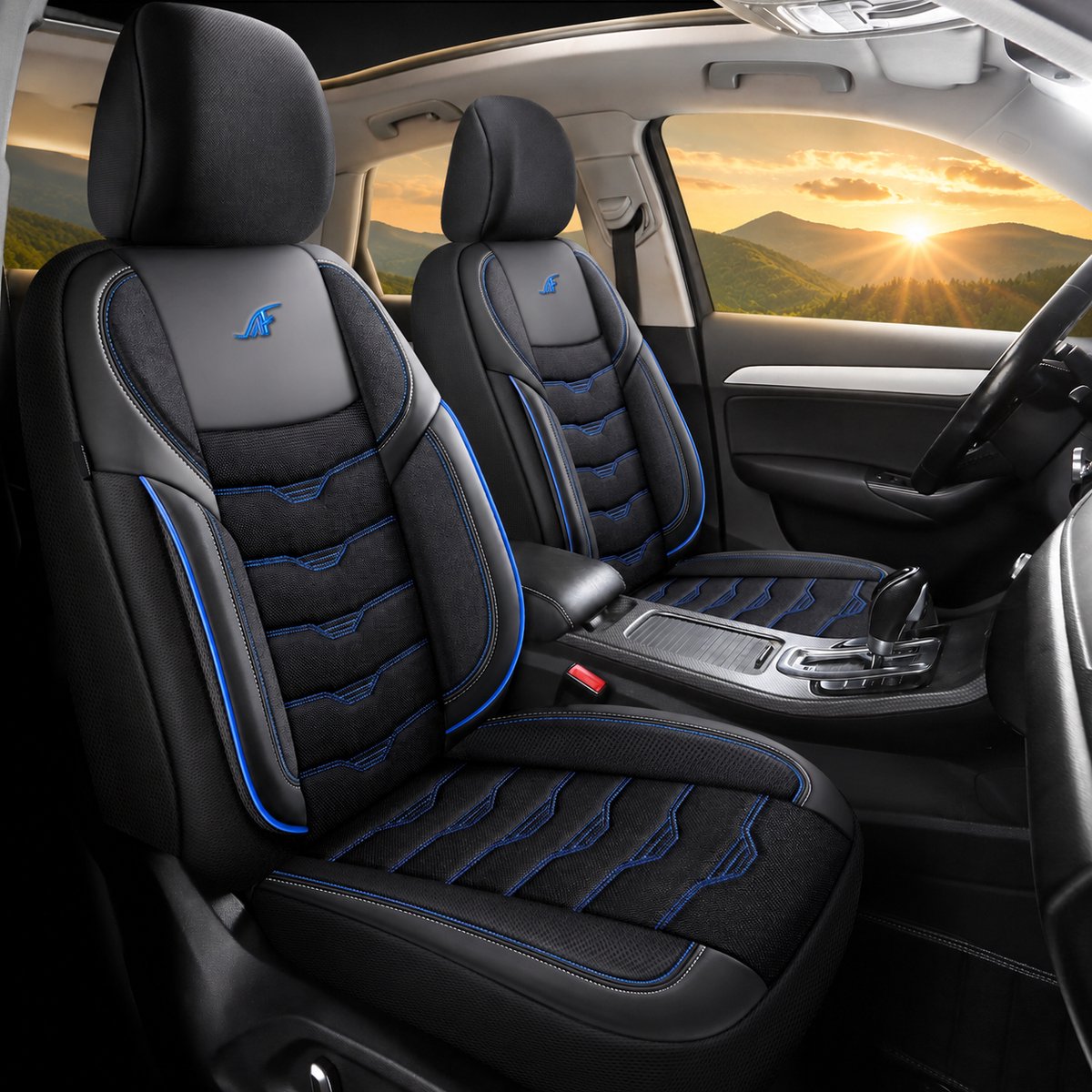 Autostoelhoezen voor Chevrolet HHR in pasvorm| Set van 2 stuks | Bestuurder + Passagiersstoel AID Serie | AID502 | Zwart met blauwe stiknaden