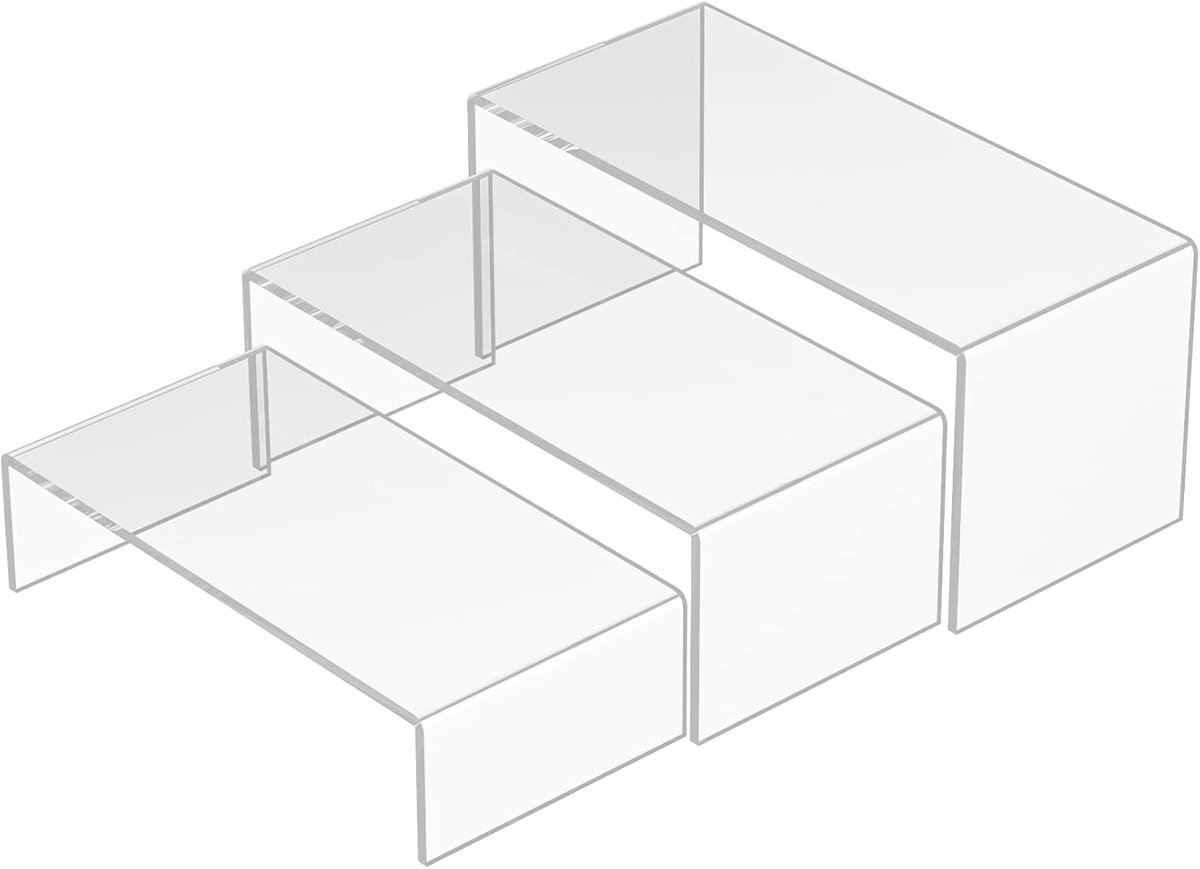 Clear Riser plank, 3 stuks, desktop rechthoekige acryl display plankorganizer, acryl standaard voor figuur, parfums, tassen, schoenen, glazen, speelgoed, verzamelobjecten - 20.3 x 21.6 x 22.8