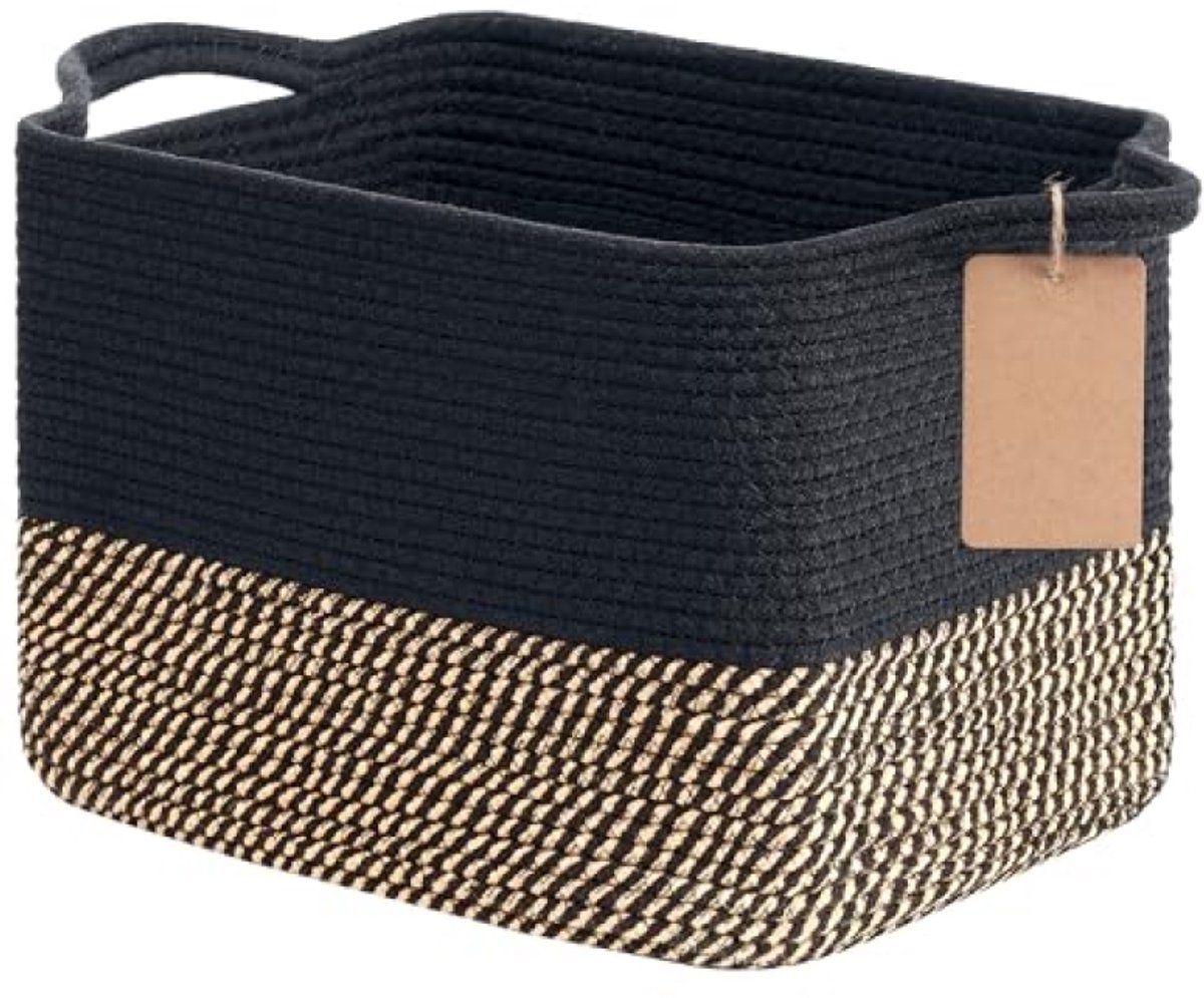 Huis Geluk Opbergmand - Gevlochten katoenen mand met handgrepen - Organizer voor plank, badkamer, woonkamer en kinderkamer - Jute & Zwart - 33x25x22,5 cm