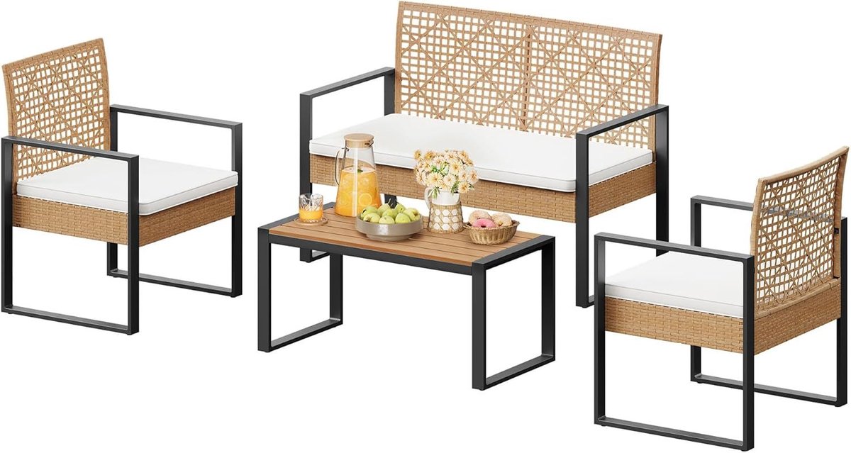 SureDeal® - 4-delige - Rotan tuinset - 1-zits bank - Fauteuils - Salontafel - Kussens - 112x79x59 cm