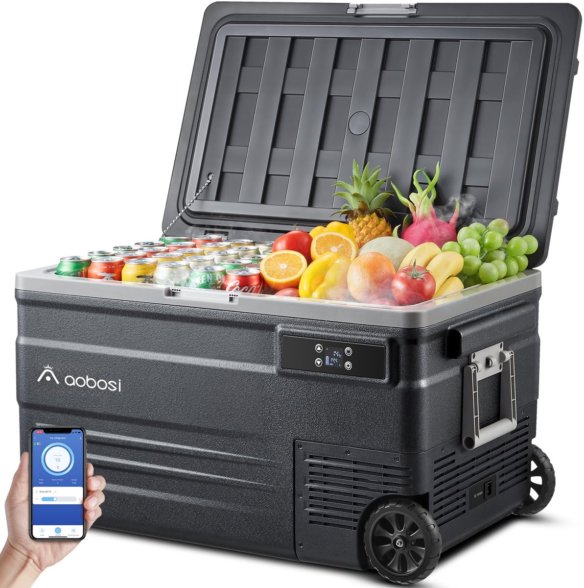 SnelShoppen - 74 Liter Compressor Koelbox Campingkoelkast met App, LED Verlichting, -20 °C tot 20 °C, 12/24 V en 100-240 V, Koelbox met Wielen voor Au
