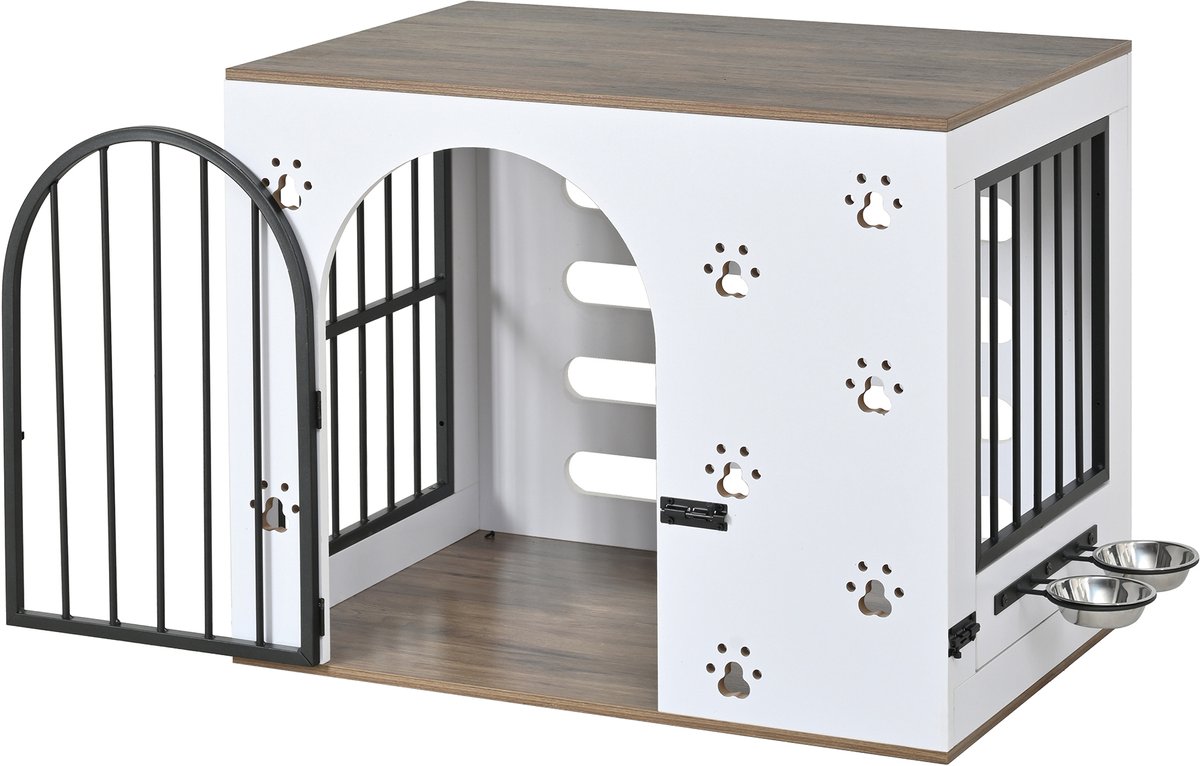 Hondenbench Meubel - Houten Hondenbench - Hondenkooi-Bijzettafel – 2-in-1 – Voerbak – Veilig - Hout - Binnen - 89x69x11,5 cm- 1 Stuk-Wit