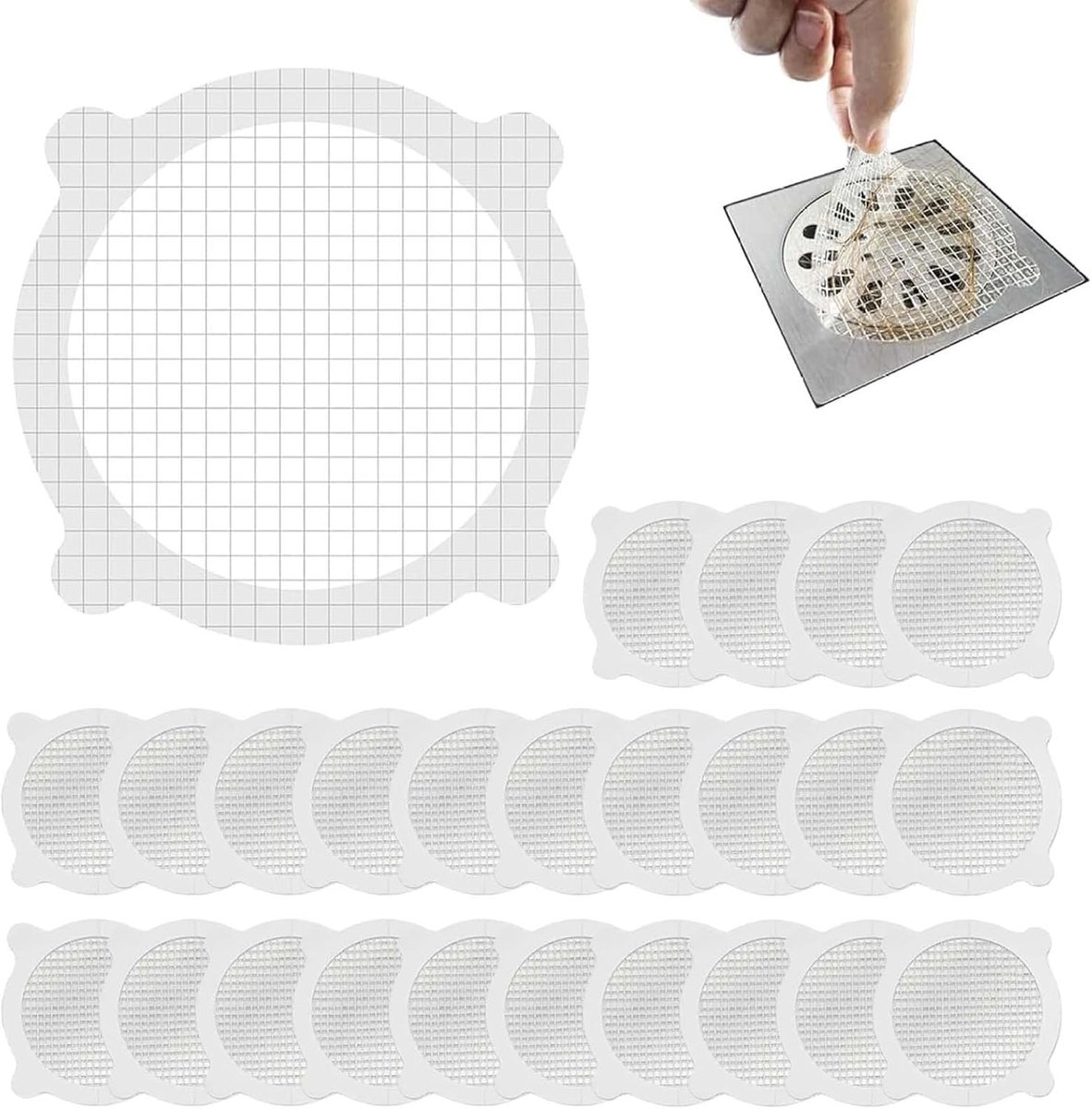 30 stuks afvoerzeef, haarzeef, douche, 10 x 10 cm, wegwerp afvoerzeef, douche, afvoer haarvanger om te lijmen, wegwerpzeefstickers, douchebakfilter, voor wastafel, badkuip en keuke