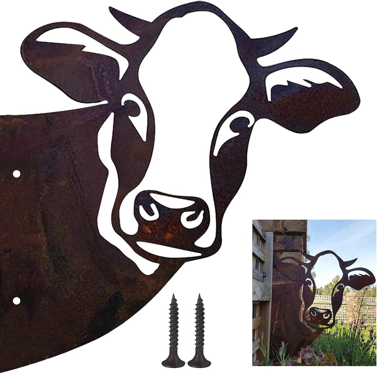 Roestdecoratie voor tuin, koeienkop, tuinbeelden, metaal, patina, koeiendecoratie, 1 stuk, dierlijke roest, koeienfiguur, decoratie, metaal, roestig dier, silhouet, patina, koeienkop