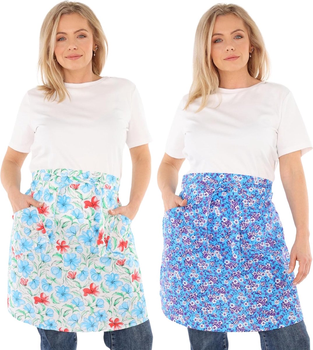 katoen wit donkerblauw met bloemenpatroon voorknopje kort schort halfschort kookschort kort gebloemd 2 zakken Kleur: dubbelpak 7, Meerkleurig, 67 cm