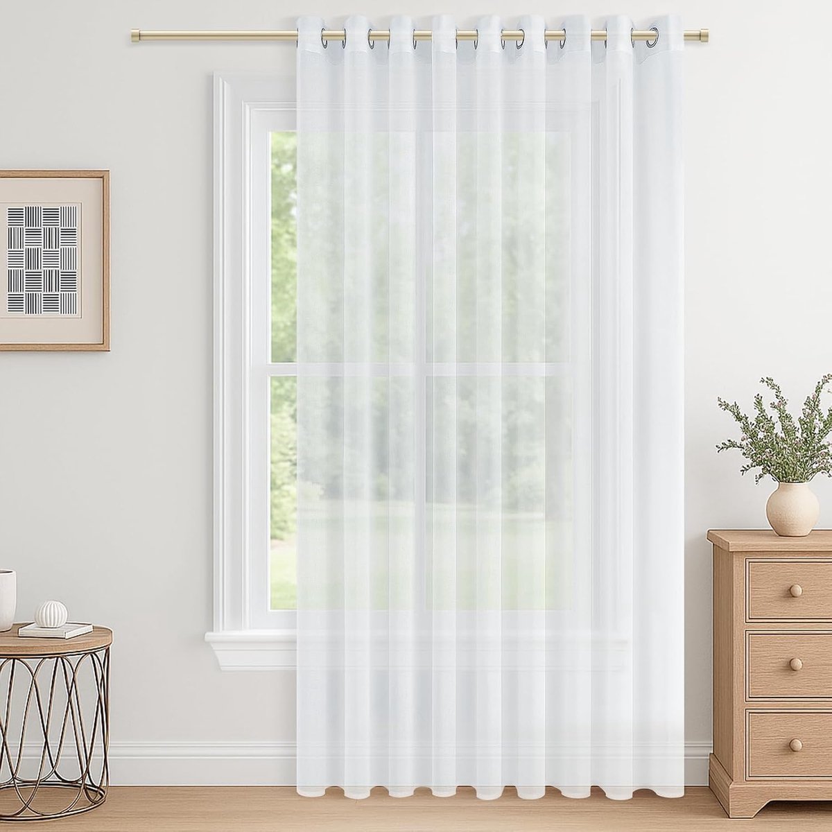 Modern extra breed gordijn met oogjes voor woonkamer - 240 cm lang en 300 cm breed - Transparant gordijn - Wit transparant - Voor grote ramen - Slaapkamer