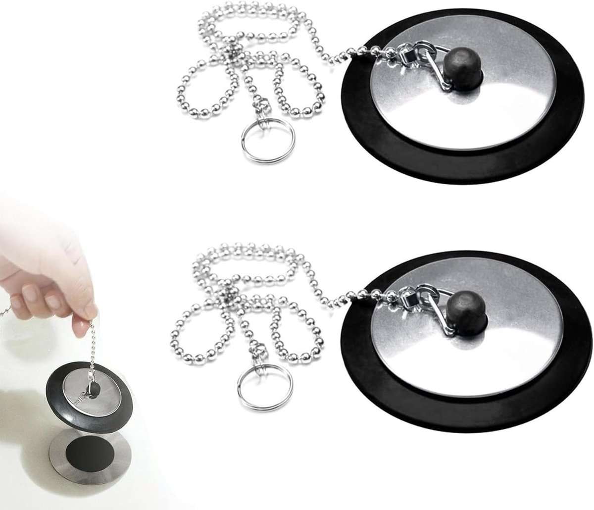 2 stuks gootsteenstoppen met stopketting, 6,6 x 4,3 x 2,4, gootsteenstop rubber, vervanging voor keukenspoelbak, geschikt voor gootsteendiameter 43 mm