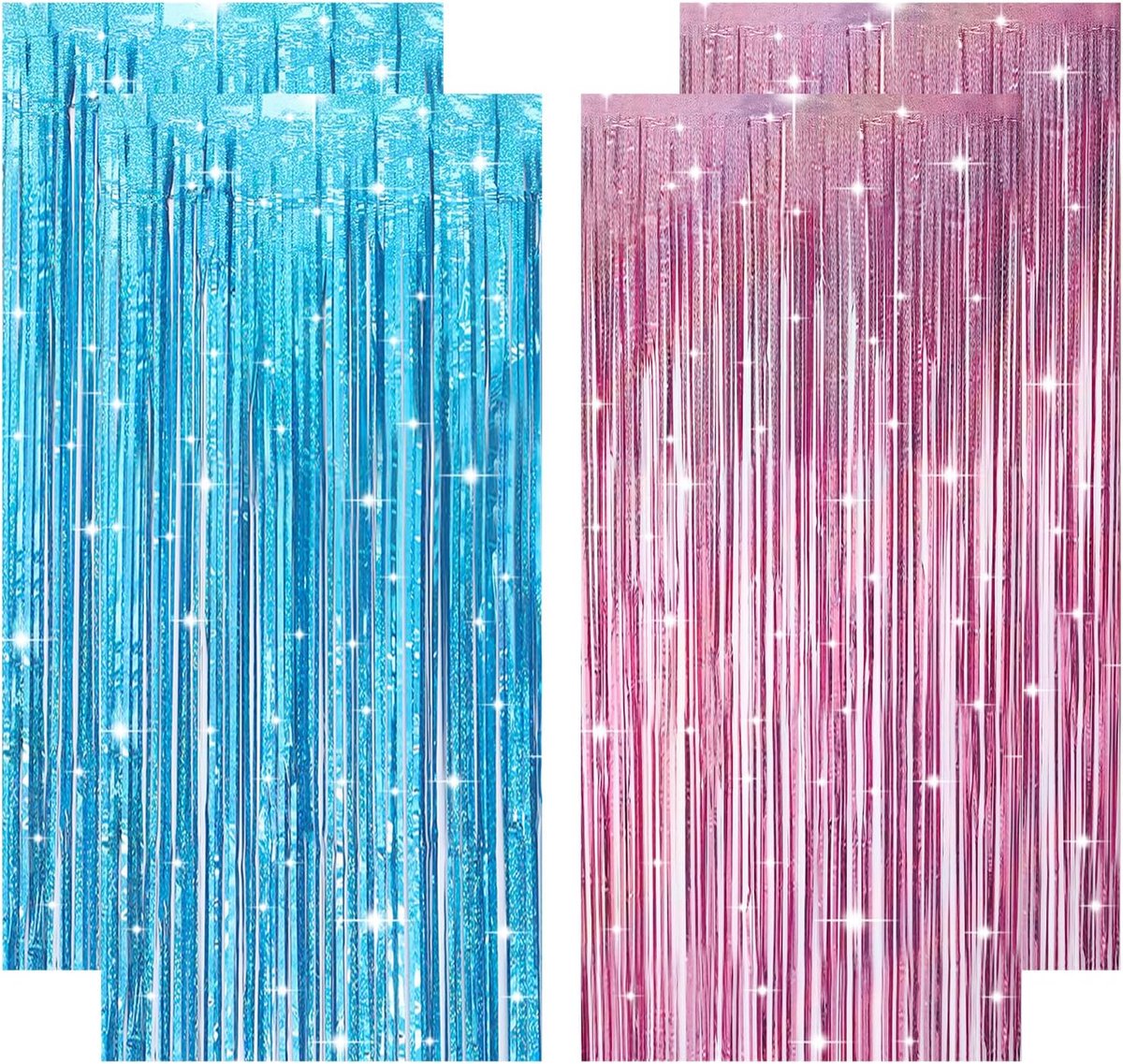 4 stuks Gender Reveal Party Decoratie Lametta Gordijn, Roze Blauw Glitter Gordijn Baby Party Decoratie, Verjaardagsdecoratie Glitter Gordijn Jongens of Meisjes Decoratie, Slangenslang Metallic