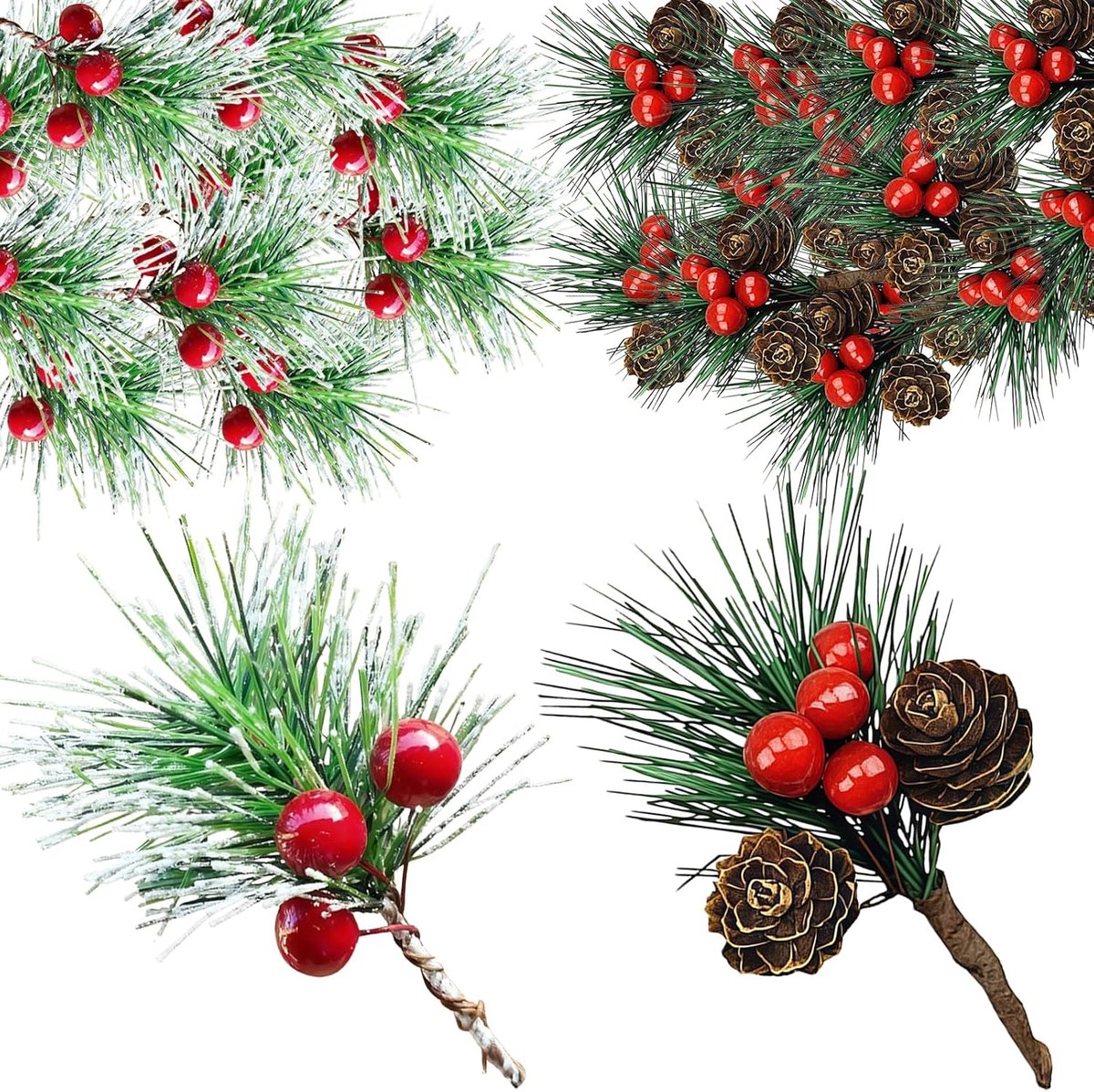 12 stuks kunstmatige rode bessen dennenstengels kerstdecoraties met sneeuw matte tips voor vakantiehuisdecoratie, kransen maken en tafelstukken