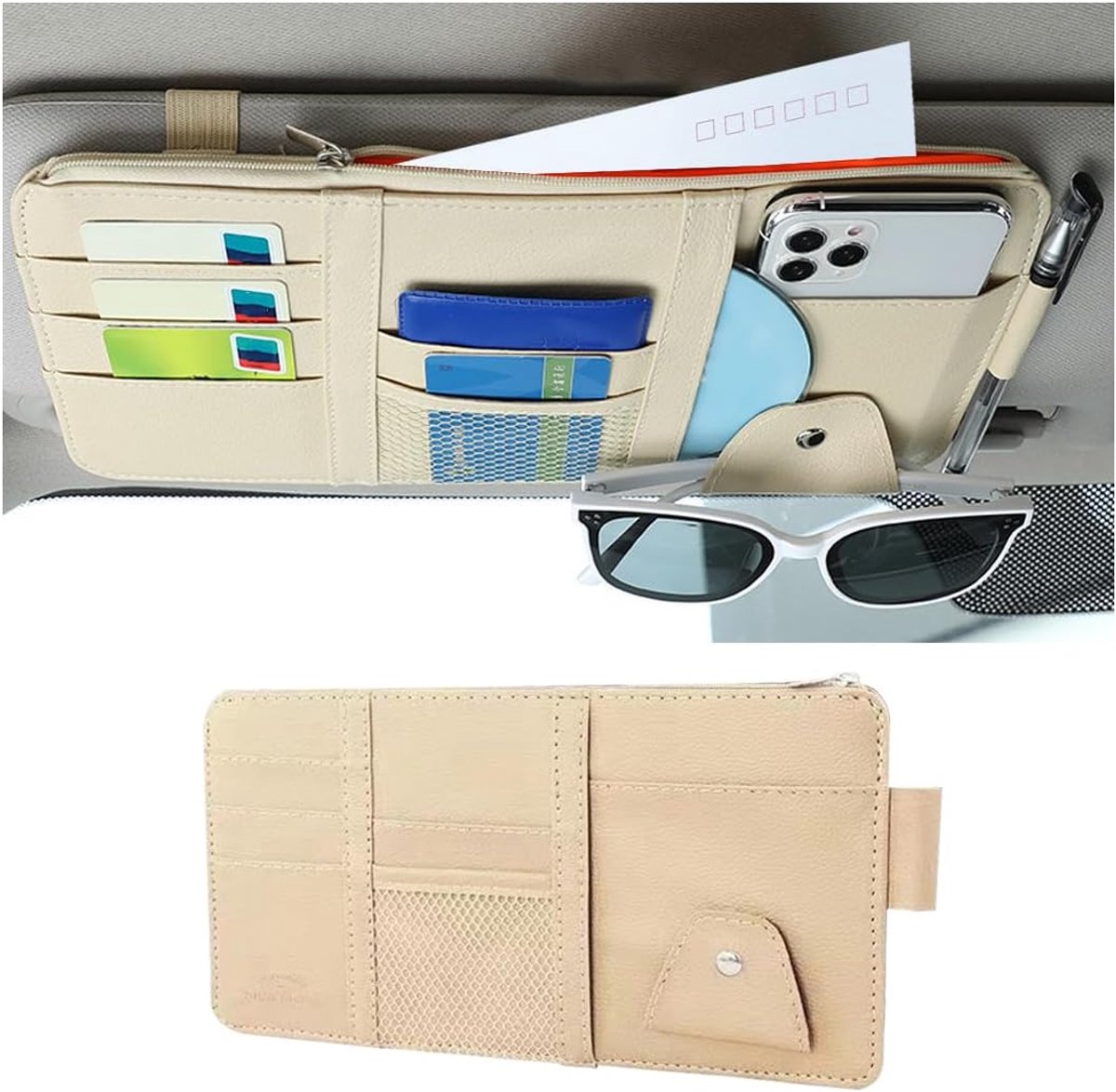 Lederen Zonneklep Organizer - Universele Kaarthouder Met Verstelbare Multifunctionele Opbergtas voor Zonnebril, Kaart, Pen (Beige)