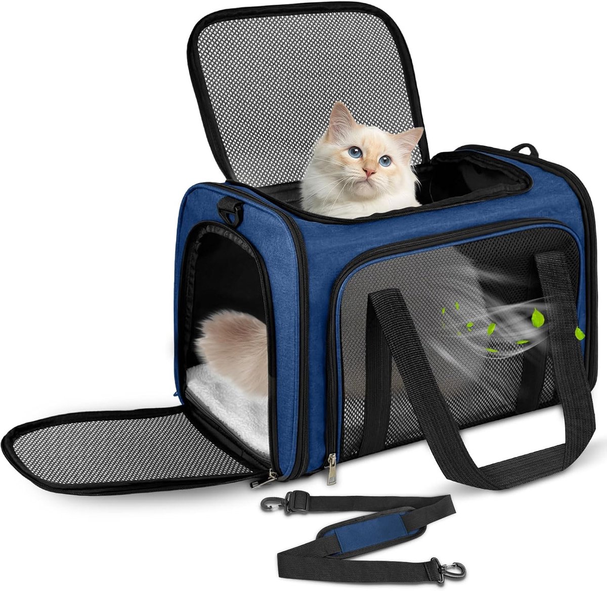 Transporttas voor kat, transporttas voor katten en honden tot 8 kg, draagbaar, opvouwbaar, huisdierdraagtas met schouderriem voor middelgrote en kleine huisdieren (donkerblauw, 50 x 34 x 34