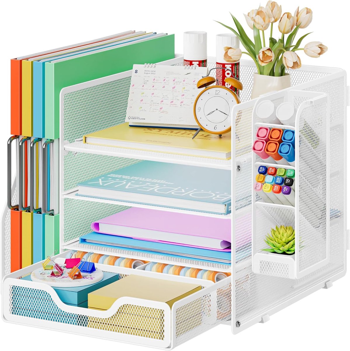 Metaalgaas Bureauorganizer, 4-laags Documentenhouder met Lade, Multifunctionele Bureau Papier en Briefbak met Pennenhouder,voor Kantoor, Thuis en School (Wit)