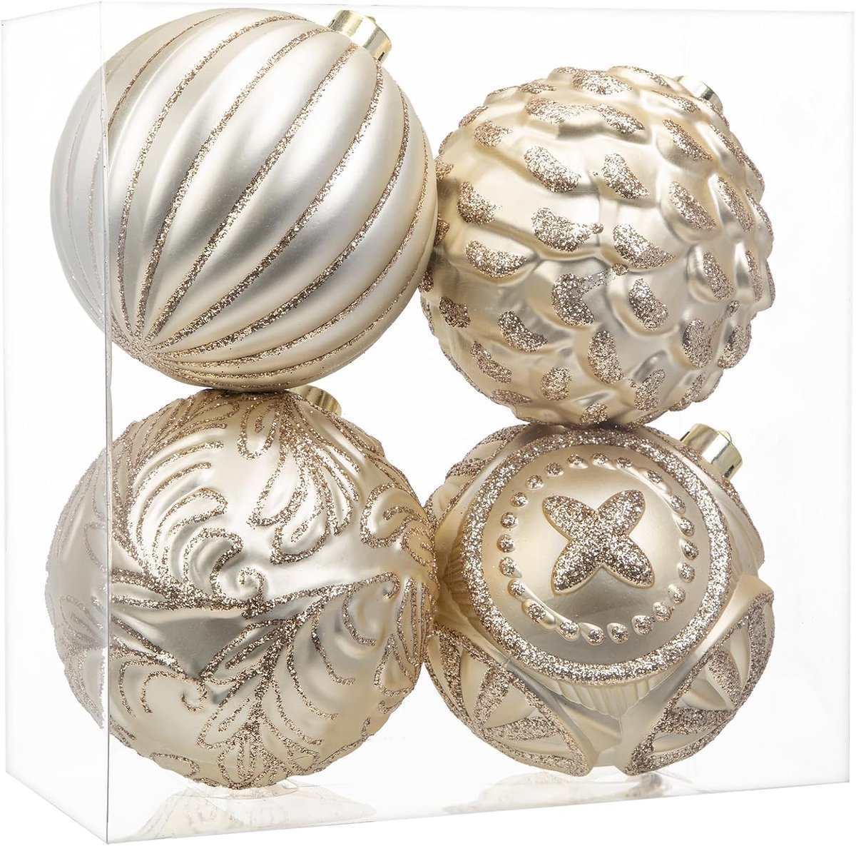 Kerstballen, 4 stuks, kerstboomversiering, 12 cm, kerstballen, champagne, kunststof ballen, glitter, kerstboomversiering, kerstdecoratie, adventsdecoratie