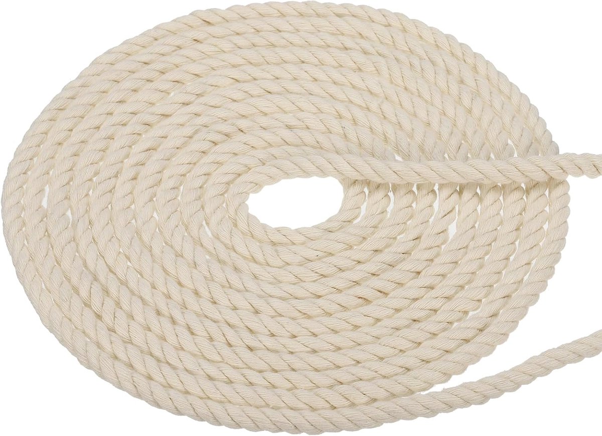 1/4 Inch x 7,6 m Natuurlijk Gedraaid Katoenen Touw 3 Strand Sterke Dikke Katoenen Touw Tug of War Touw voor Leuningen Ambachten Home Decor, Wit