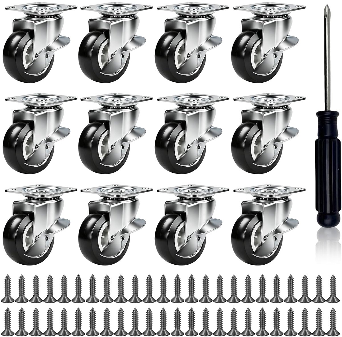 Zwenkwielen 25mm voor meubels, kast, plank, tafel, universele wielenset zwart (incl. 48 schroeven kruiskopschroevendraaier)
