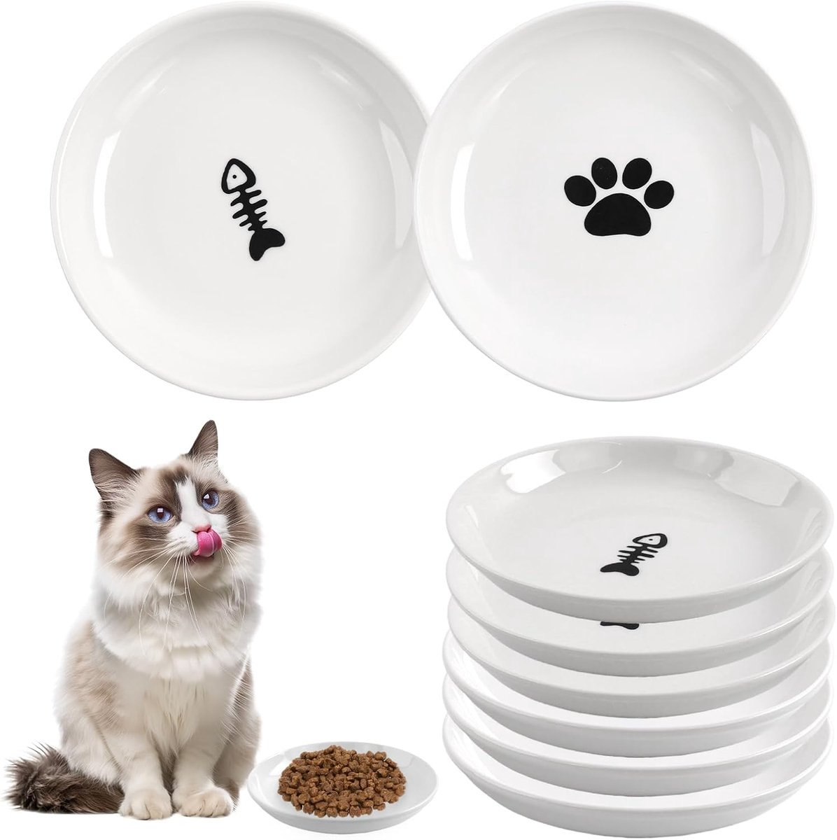 SV 6 stuks voederbakken kat - kattenvoerbak - keramische kattenbak - verhoogde kattenbak - kattenvoerbak - wit (mix en match)