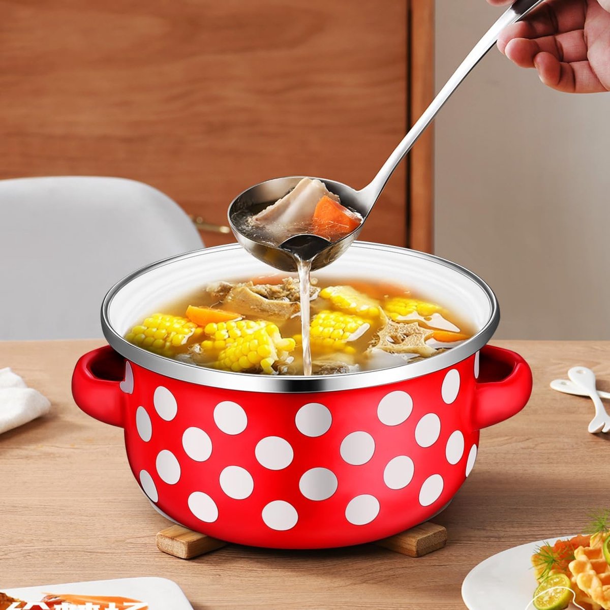 Emaille kookpannenset mini 3-delig met deksel kleine soeppotten voor alle warmtebronnen emaille potten rood met witte stippen ideaal voor soepen en stoofpotten
