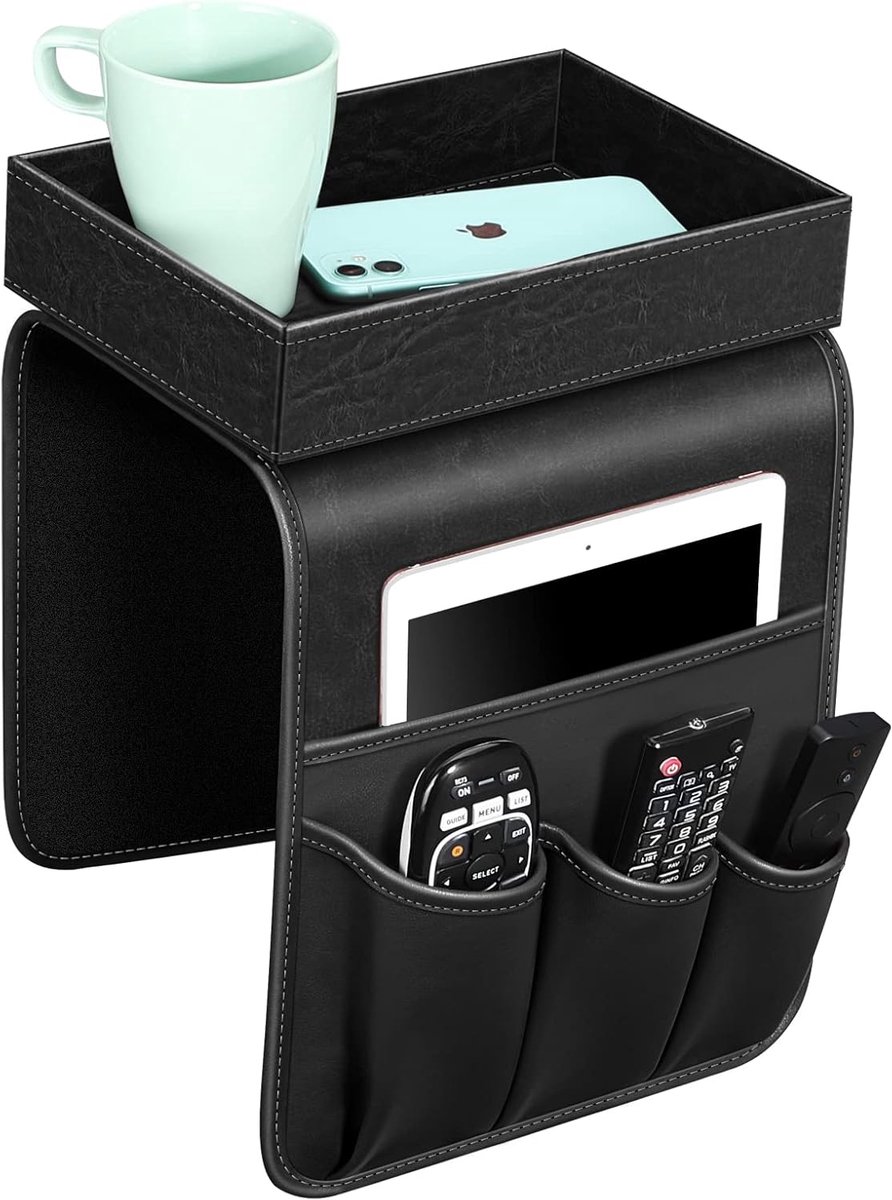 Sofa Afstandsbediening Houder met Afneembare Lade - [Antislip] PU Lederen Stoel Bank Armsteun Organizer Caddy met 5 Zakken voor Tijdschriften Telefoon iPad TV Afstandsbediening Game Controller