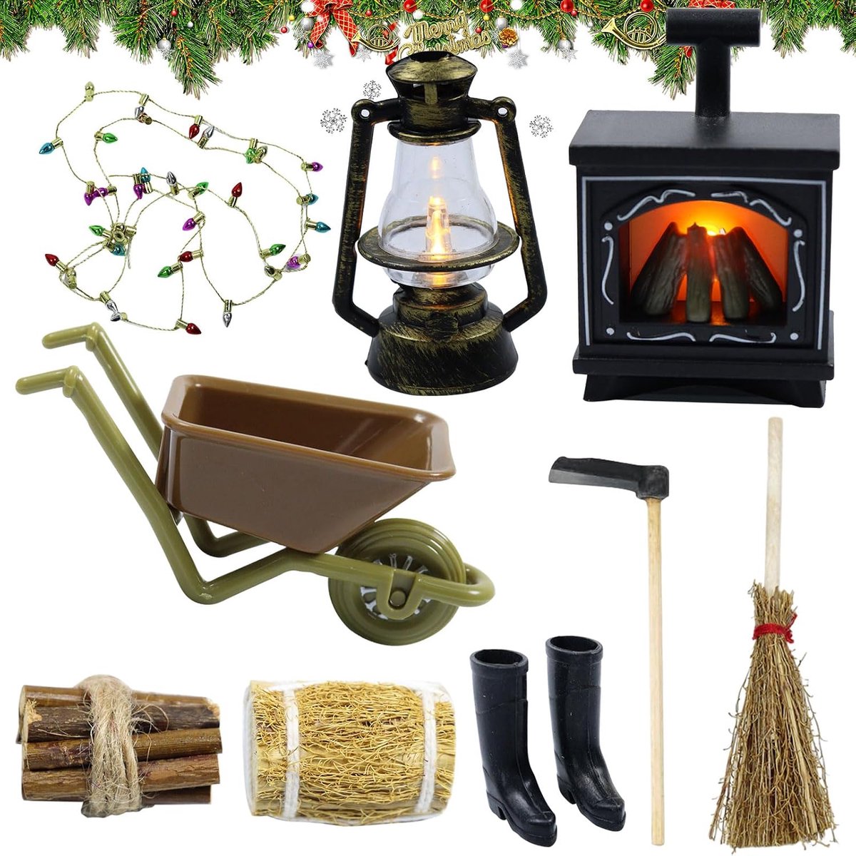 Set van 9 stuks kabouteraccessoires, set van 9 stuks, kabouteraccessoires voor Kerstmis, gloeiende open haard, olielamp, spaden, karren, veger, hooiberg, licht, rubberen diepte, poppenhuis,