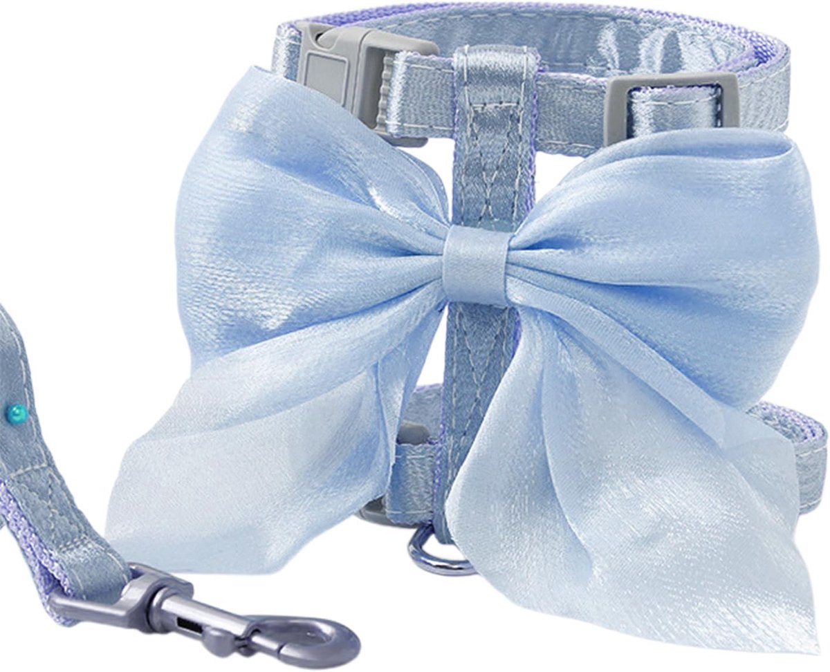kattenharnas tegen uitlaatgassen met riem, kattenharnas met grote decoratieve strik, pettorina, zacht, comfortabel kattenvest voor wandelen en buiten trainen (blauw, S)
