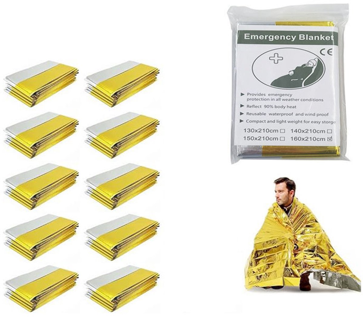 10-stuks Overlevingsdeken - Thermische EHBO-deken - Thermische deken - Overlevingsdeken - Reddingsdeken - EHBO-deken - 210x160cm - Geschikt voor klimmen, wandelen, zwemmen, kamperen en andere buitenactiviteiten - Goud
