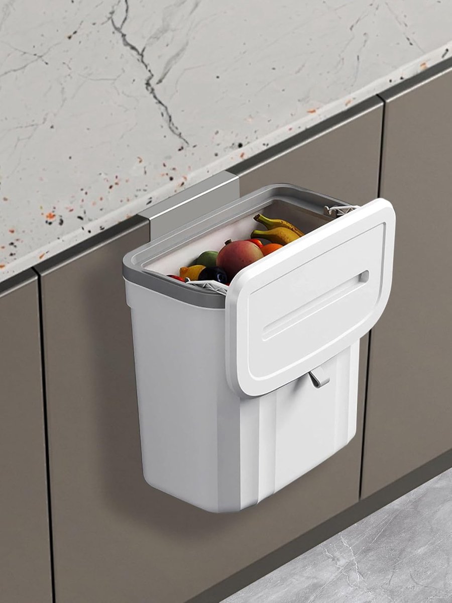 Keukenafvalemmer 9 liter met deksel, biologische afvalemmer, compostbak, hangende en wandgemonteerde afvalemmer met kleefhouder, wit met klap- en schuifdeksel voor keuken, badkamer, camper