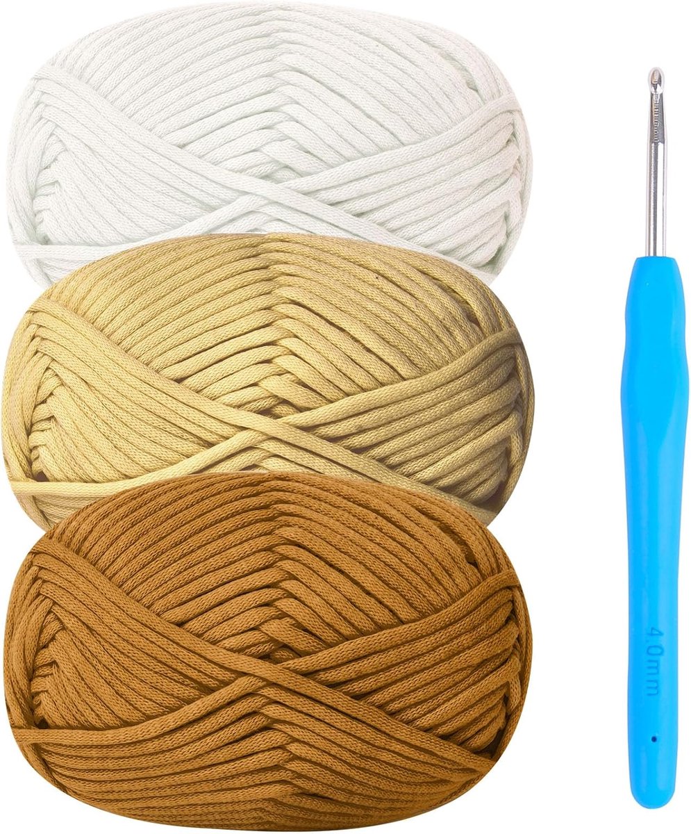 garen om te haken, katoenen garen, dikke wol om te haken, 3 x 50 g, haakgaren voor beginners, amigurumi-garen met 4 mm haaknaald, Easy Crochet Starter Kit (kaki)