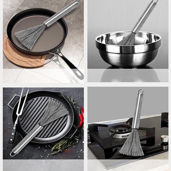 borstel, keukenborstel, 24 cm, reinigingsborstel, afwasborstel, potreiniger, roestvrij staal, pannenborstel met lange steel voor keukens, potten, pannen, borden, kookgerei, 1 — afbeelding 5