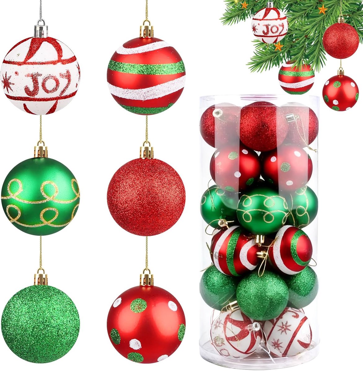 60 mm adventskrans, decoratie, rood, groen, wit, 24 kerstballen, nostalgisch, opvallende kerstballen, extravagant, nostalgische glitters, kerstballen, ornamenten, onbreekbaar ophangen