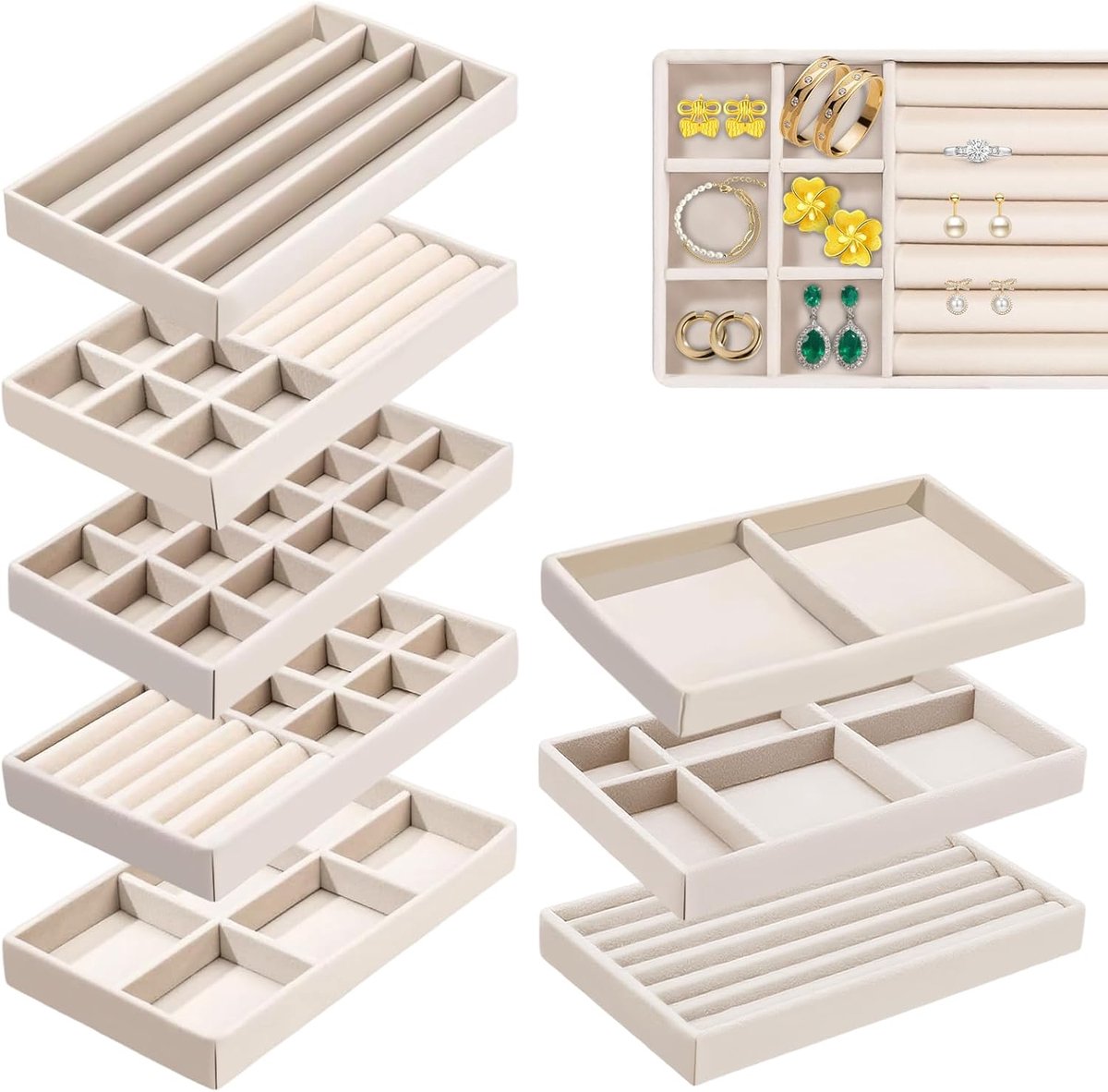 SnelShoppen - Stapelbare fluwelen sieradendienbladen, sieradenopslag organizer, 8 stuks beige, ideaal voor oorbellen en make-up, perfect voor organisa