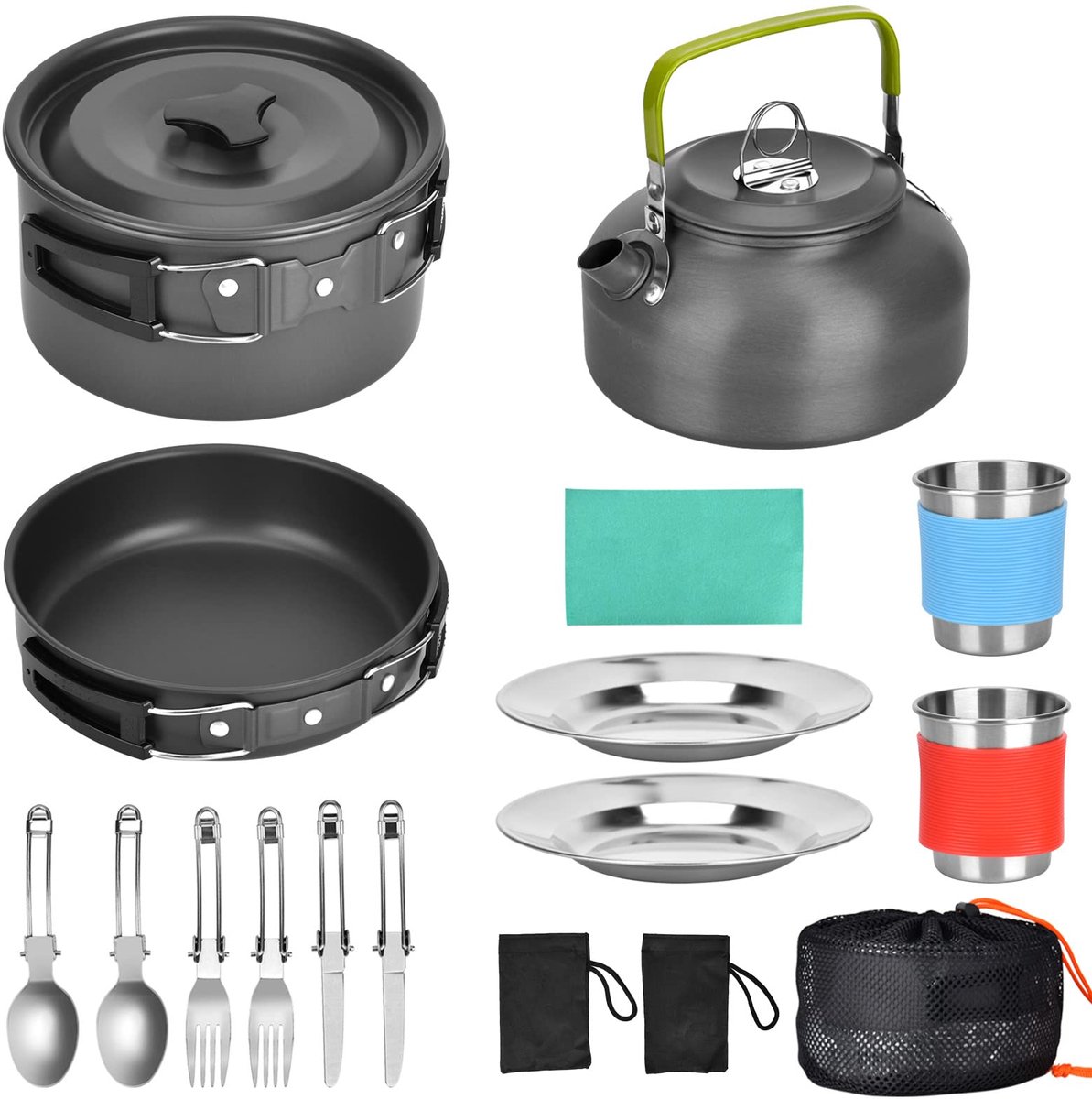 draagbaar en licht, roestvrij staal, voor camping, braadpan, potten, kopjes, bestek voor outdoor, picknick, wandelen, kamperen