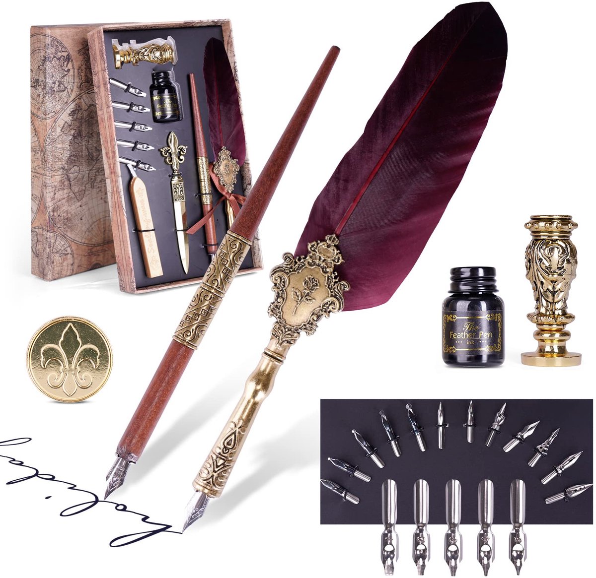 Calligraphy Pen Ink Set,Quill Writing Pen Set,Vintage Pen met inkt,met verwisselbare punten (25 stuks) - kalligrafieset voor beginners en professionals.